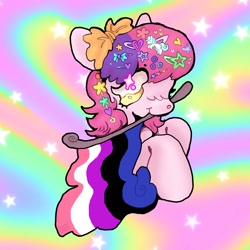 Size: 1200x1200 | Tagged: oc name needed, safe, artist:larvaecandy, derpibooru import, oc, oc only, earth pony, pony, abstract background, beanbrows, blush scribble, blushing, bow, bust, commission, earth pony oc, eye clipping through hair, eyebrows, eyebrows visible through hair, genderfluid, genderfluid pride flag, golden eyes, hair accessory, hair bow, hairclip, holding flag, mouth hold, pink coat, pride, pride flag, profile, raised hooves, smiling, solo, sparkly eyes, two toned mane, wingding eyes, ych result