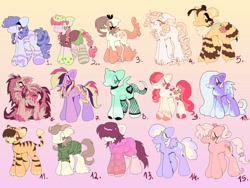 Size: 4096x3072 | Tagged: safe, artist:larvaecandy, derpibooru import, oc, oc only, oc:crab pond, oc:kitty, bat pony, bee, bee pony, earth pony, original species, pegasus, pony, unicorn, :3, :<, adoptable, animal costume, antennae, bald tail, bat nose, bat pony oc, bell, bell collar, belly fluff, blonde, blonde mane, blonde tail, bow, braid, braided pigtails, braided tail, brown eyes, brown mane, brown tail, cat collar, cat costume, cheek fluff, chest fluff, clothes, cloven hooves, coat markings, collar, colored belly, colored eartips, colored fetlocks, colored hooves, colored horns, colored mouth, colored muzzle, colored pinnae, colored wings, costume, cream coat, curly hair, curly mane, curly tail, curved horn, ear tufts, ears, earth pony oc, eye clipping through hair, eyelashes, fangs, featherless wings, fetlock tuft, fish tail, fishnet clothing, floppy ears, food, frown, gradient background, green eyes, group, hair bow, hair over eyes, heart nose, high res, hoodie, horn, horns, hybrid oc, insect wings, lavender coat, lidded eyes, long mane, long socks, long tail, messy mane, messy tail, mint coat, multicolored eyes, multicolored mane, multicolored tail, no mouth, onesie, open mouth, open smile, orange coat, orange eyes, pale belly, paw socks, pegasus oc, pigtails, pink coat, pink eyes, plush pony, plushie, ponytail, profile, purple coat, purple eyes, purple mane, purple tail, ram horns, red eyes, red mane, red tail, ringlets, shirt, short tail, skirt, small wings, smiling, socks, socks (coat marking), sparkly eyes, splotches, spread wings, standing, stinger, striped, striped socks, stripes, sweater, tail, taiyaki, tan coat, tied mane, tied tail, transparent wings, turtleneck, turtleneck sweater, two toned mane, two toned tail, two toned wings, unicorn oc, unnamed oc, unshorn fetlocks, veiny wings, wall of tags, wavy mouth, wingding eyes, wings, yellow coat