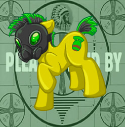 Size: 547x554 | Tagged: safe, artist:melle-d, derpibooru import, oc, oc only, oc:nuke, earth pony, crossover, earth pony oc, fallout, gas mask, male, mask, solo