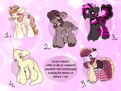 Size: 4000x3000 | Tagged: safe, artist:larvaecandy, derpibooru import, oc, oc only, deer, deer pony, earth pony, hybrid, original species, scorpion, scorpion pony, snake, snake pony, unicorn, :3, abstract background, adoptable, ambiguous gender, back fluff, belly fluff, blaze (coat marking), boa constrictor, bow, brown coat, brown eyes, butt fluff, chest fluff, claws, clothes, coat markings, collar, colored eartips, colored eyelashes, colored hooves, colored horn, colored muzzle, colored pinnae, cream coat, curly hair, curly mane, curly tail, ear fluff, ear piercing, earring, ears, earth pony oc, eye clipping through hair, eyelashes, eyeshadow, facial markings, fanged deer, fangs, floppy ears, forked tongue, golden eyes, group, hair bow, horn, hybrid oc, jacket, jewelry, leg fluff, leg warmers, lidded eyes, long mane, long tail, makeup, multicolored mane, no mouth, open mouth, piercing, pink coat, pink eyes, profile, scorpion tail, sextet, shiny mane, shiny tail, skirt, slit eyes, smiling, socks (coat marking), spiked collar, standing, sweater, tail, text, tongue, tongue out, turtleneck, turtleneck sweater, two toned eyes, two toned mane, two toned tail, unicorn horn, unicorn oc, unnamed oc, unshorn fetlocks, wall of tags, wavy mane, wavy mouth, wavy tail, wingding eyes