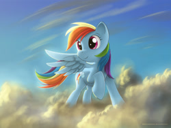 Size: 2048x1536 | Tagged: safe, artist:bioniclegahlok, derpibooru import, rainbow dash, pegasus, pony, g4, cloud, one leg raised, sky