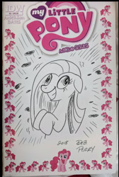 Size: 1266x1886 | Tagged: safe, artist:debmervin, derpibooru import, idw, pinkie pie, black and white, comic cover, grayscale, monochrome, sketch cover