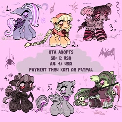 Size: 1200x1200 | Tagged: safe, artist:larvaecandy, derpibooru import, oc, oc only, bat, bat pony, butterfly, earth pony, gargoyle, hybrid, monster pony, original species, pony, spider, spiderpony, :3, :<, adoptable, bald, bat nose, bat pony oc, beanbrows, big ears, big eyes, blonde, blonde mane, blonde tail, blood, blushing, body freckles, bow, braid, braided ponytail, braided tail, brown coat, brown eyes, brown mane, brown tail, butterfly pony, cape, chibi, clothes, coat markings, colored eartips, colored eyebrows, colored hooves, colored muzzle, colored pinnae, colored wings, cross, cross necklace, dress, ear fluff, ear piercing, earring, ears, earth pony oc, emanata, eye clipping through hair, eyebrows, eyebrows visible through hair, eyeshadow, facial markings, fangs, fishnet clothing, floppy ears, folded wings, freckles, frown, gargoyle pony, gray coat, gray tail, green coat, green mane, green tail, group, hair bun, hair over one eye, hairclip, hood, hoodie, jewelry, leg fluff, leg freckles, leg warmers, leonine tail, lidded eyes, lipstick, long mane, long tail, makeup, mint coat, mouth hold, multicolored wings, multiple eyes, multiple legs, multiple limbs, neck bow, necklace, orange coat, piercing, pink background, pink eyes, ponytail, purple coat, purple eyes, red eyes, red sclera, scythe, sextet, shiny mane, shiny tail, shoes, short mane, simple background, skirt, skull earrings, smiling, sparkly wings, spider legs, standing, straight mane, straight tail, tail, tail bow, tail bun, text, tied mane, tied tail, torn ear, two toned mane, two toned tail, two toned wings, wall of tags, watermark, wingding eyes, wings