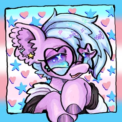 Size: 1200x1200 | Tagged: safe, artist:larvaecandy, derpibooru import, oc, oc only, earth pony, pony, :3, blue mane, clothes, colored hooves, colored pinnae, commission, ear fluff, ear piercing, earring, ears, earth pony oc, eyelashes, eyeshadow, floppy ears, glasses, hoodie, hoof under chin, icon, jewelry, lavender coat, lidded eyes, looking at you, makeup, multicolored eyes, open mouth, open smile, piercing, pride, pride flag, profile picture, purple coat, raised hooves, shiny hooves, shiny mane, short mane, smiling, smiling at you, solo, starry eyes, transgender, transgender pride flag, unnamed oc, wingding eyes, zoom layer