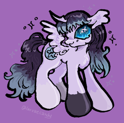 Size: 686x677 | Tagged: safe, artist:larvaecandy, derpibooru import, oc, oc only, alicorn, pony, :3, alicorn oc, ambiguous gender, blushing, coat markings, commission, curved horn, ear fluff, ears, eye clipping through hair, horn, lavender coat, long mane, long tail, oc name needed, profile, purple background, purple coat, shiny eyes, shiny mane, shiny tail, signature, simple background, smiling, socks (coat marking), solo, sparkles, spread wings, standing, tail, teal eyes, teal sclera, two toned mane, two toned tail, wingding eyes, wings