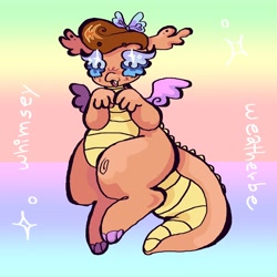 Size: 1440x1440 | Tagged: safe, artist:larvaecandy, derpibooru import, dragon, g3, beanbrows, blush scribble, blushing, bow, brown hair, colored belly, colored claws, colored eyebrows, colored wings, eyebrows, female, flying, gradient background, hair bow, no pony, pale belly, raised arms, short hair, small wings, solo, sparkles, spikes, spread wings, text, whimsey weatherbe, white text, wings