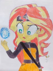 Size: 3000x4000 | Tagged: safe, derpibooru import, sunset shimmer, equestria girls, g4, bag, drawing, headband, naruto, naruto: shippūden, rasengan, sunset holding things, watermark