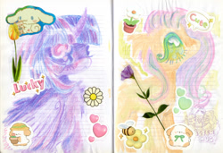 Size: 1280x875 | Tagged: safe, artist:larvaecandy, derpibooru import, fluttershy, twilight sparkle, twilight sparkle (alicorn), alicorn, pegasus, pony, g4, alternate eye color, colored eyelashes, colored pencil drawing, eyelashes, female, green eyes, lined paper, mare, purple eyes, traditional art, wingding eyes