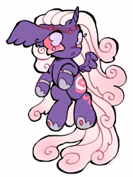 Size: 2576x3432 | Tagged: oc name needed, safe, artist:larvaecandy, derpibooru import, oc, oc only, alicorn, pony, :<, alicorn oc, ambiguous gender, big ears, big eyes, bracelet, chibi, colored, commission, curly hair, curly mane, curly tail, curved horn, ear fluff, ears, flat colors, floppy ears, flying, gradient mane, gradient tail, headpiece, high res, hoof shoes, horn, jewelry, long mane, long tail, open mouth, pink eyes, pink sclera, princess shoes, purple coat, purple mane, purple tail, regalia, simple background, small wings, solo, tail, white background, wings