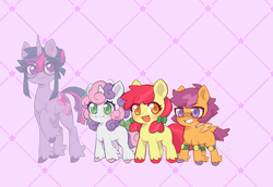 Size: 2469x1701 | Tagged: safe, artist:paichi-art, derpibooru import, apple bloom, scootaloo, sweetie belle, twilight sparkle, unicorn twilight, earth pony, pegasus, pony, unicorn, g4, adorabloom, bandaid, bandaid on nose, bow, cute, cutealoo, cutie mark crusaders, diasweetes, female, filly, foal, freckles, glasses, grin, high res, horn, knee pads, mare, open mouth, open smile, patterned background, pigtails, purple background, redesign, round glasses, simple background, smiling, tail, tail bow, tail feathers, twintails, unshorn fetlocks