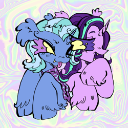 Size: 2048x2048 | Tagged: safe, artist:larvaecandy, derpibooru import, starlight glimmer, trixie, pony, unicorn, g4, :p, abstract background, alternate eye color, big eyes, blue coat, blue mane, cape, clothes, cloven hooves, colored, colored eyebrows, colored sclera, curved horn, duo, duo female, ear fluff, ears, eye clipping through hair, eyebrows, fangs, female, flat colors, floppy ears, golden eyes, high res, horn, lesbian, lidded eyes, looking at each other, looking at someone, mare, open mouth, open smile, pink coat, profile, purple sclera, raised eyebrow, raised hoof, raised leg, shipping, smiling, smiling at each other, startrix, tongue, tongue out, trixie's cape, two toned mane, unshorn fetlocks