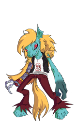 Size: 1156x1822 | Tagged: safe, artist:freakazoidthunk, derpibooru import, oc, oc only, oc:jaws, anthro, pegasus, unguligrade anthro, amputee, biker, blonde, blonde mane, character render, clothes, cybernetic eyes, jacket, leather, leather vest, my little hazards area, opposable hooves, parody, riding wasps, simple background, solo, transparent background, vest