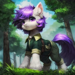 Size: 4238x4238 | Tagged: source needed, safe, ai content, derpibooru import, generator:pony diffusion v6 xl, generator:stable diffusion, machine learning generated, oc, oc only, oc:puff smarts, pony, clothes, ear fluff, ears, forest, forest background, looking at you, male, nature, outdoors, prompter:tempestdk, scout, scout uniform, solo, standing, tree, young