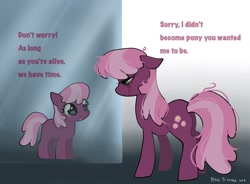 Size: 1440x1058 | Tagged: safe, artist:petaltwinkle, derpibooru import, cheerilee, earth pony, pony, g4, cheeribetes, curly hair, curly mane, curly tail, cute, dialogue, duality, duo, duo female, female, filly, filly cheerilee, foal, frown, gradient background, grammar error, green eyes, lidded eyes, long mane, long tail, makeup, mare, messy mane, messy tail, midlife crisis, mirror, motivational, open mouth, open smile, pink mane, pink tail, profile, purple coat, purple text, redraw, reflection, running makeup, sad, sad eyes, sadorable, self paradox, self ponidox, signature, smiling, sparkly eyes, standing, tail, talking, talking to herself, tear streaks, text, two toned mane, two toned tail, wingding eyes
