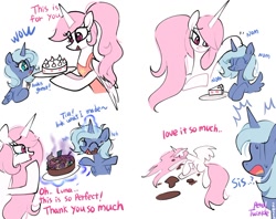 Size: 1024x811 | Tagged: safe, artist:petaltwinkle, derpibooru import, princess celestia, princess luna, alicorn, pony, g4, alternate hairstyle, apron, blue coat, blue eyes, blue mane, blue text, cake, cakelestia, chewing, clothes, cute, cutelestia, dialogue, drool, duo, duo female, eating, emanata, eye clipping through hair, eyebrows, eyebrows visible through hair, eyes closed, female, filly, foal, folded wings, food, food coma, fork, glowing, glowing horn, head pat, hoof hold, horn, laughing, lethal chef, long horn, looking at each other, looking at someone, lunabetes, magic, mare, onomatopoeia, open mouth, open smile, pat, patting, pink eyes, pink mane, pink tail, pink text, pink-mane celestia, ponytail, prank fail, raised hoof, raised hooves, raised leg, royal sisters, sibling love, siblings, signature, simple background, sisterly love, sisters, smiling, smiling at each other, spread wings, starry eyes, sweat, sweatdrop, tail, talking, teardrop, telekinesis, text, that pony sure does love cakes, tied mane, wall of tags, white background, white coat, wingding eyes, wings, woona, you tried, young celestia, young luna, younger