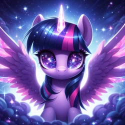 Size: 1024x1024 | Tagged: safe, ai content, derpibooru import, generator:dall-e 3, machine learning generated, twilight sparkle, twilight sparkle (alicorn), alicorn, g4, female, galaxy eyes, glowing, glowing horn, horn, looking at you, mare, prompter:doomguy397, solo, space, spread wings, wings