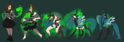 Size: 3929x1346 | Tagged: safe, artist:atcpony, derpibooru import, queen chrysalis, changeling, changeling queen, human, blushing, breasts, clothes, female, fire, forked tongue, glowing, glowing eyes, high res, human to changeling, possession, simple background, torn clothes, transformation, transformation sequence