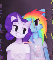 Size: 1649x1874 | Tagged: safe, artist:egirlboi, derpibooru import, rainbow dash, rarity, anthro, clothes, female, lesbian, matching outfits, raridash, shipping, shirt