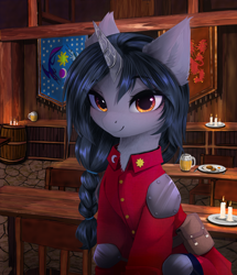 Size: 3802x4416 | Tagged: safe, artist:empress-twilight, derpibooru import, oc, oc only, oc:akey, pony, barrel, candle, chair, flag of equestria, solo, table