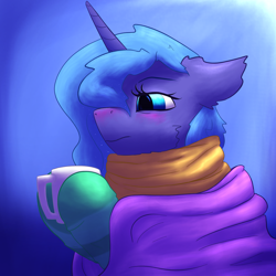 Size: 2000x2000 | Tagged: safe, artist:gosha305, derpibooru import, princess luna, pony, g4, blanket, blue background, blushing, bust, cheek fluff, clothes, cute, female, hoof hold, horn, mare, mug, portrait, red nose, scarf, sick, simple background, socks, solo, tired