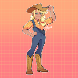 Size: 3000x3000 | Tagged: safe, artist:3ggmilky, derpibooru import, applejack, human, abstract background, applejack's hat, bandaid, boots, clothes, cowboy boots, cowboy hat, female, flannel, freckles, gradient background, hat, humanized, overalls, shirt, shoes, solo