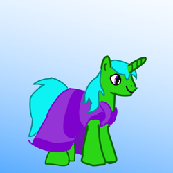 Size: 640x640 | Tagged: safe, artist:joeydr, derpibooru import, oc, oc only, oc:green byte, pony, unicorn, clothes, crossdressing, dress, gradient background, horn, male, solo, stallion