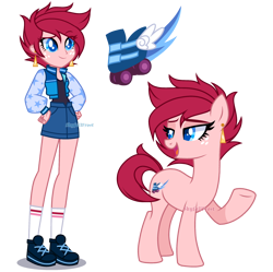 Size: 2270x2262 | Tagged: safe, artist:skyfallfrost, derpibooru import, oc, oc only, oc:ruby dare, earth pony, human, pony, equestria girls, g4, clothes, duality, earth pony oc, eye clipping through hair, eyebrows, eyebrows visible through hair, female, freckles, high res, mare, open mouth, open smile, signature, simple background, smiling, solo, transparent background