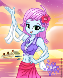 Size: 2015x2490 | Tagged: safe, artist:rjp.rammy, derpibooru import, oc, oc:shimmy, equestria girls, g4, belly, belly button, cruise ship, eyebrows, female, jewelry, lidded eyes, midriff, necklace, ocean, slender, solo, thin, water