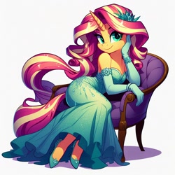 Size: 1024x1024 | Tagged: safe, ai content, derpibooru import, generator:dall-e 3, machine learning generated, sunset shimmer, anthro, g4, chair, clothes, dress, evening gloves, gloves, hand on face, high heels, long gloves, off shoulder, prompter:glimmy-glam, shoes, side view, simple background, smiling, solo, stiletto heels