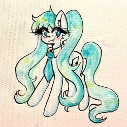 Size: 3024x3024 | Tagged: safe, artist:mylittleyuri, derpibooru import, earth pony, pony, anime, blush lines, blushing, female, hatsune miku, high res, looking at you, mare, necktie, ponified, smiling, smiling at you, solo, species swap, traditional art, vocaloid, watercolor painting