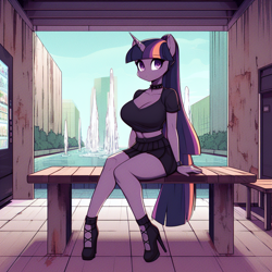 Size: 1024x1024 | Tagged: safe, ai content, derpibooru import, machine learning generated, twilight sparkle, anthro, unicorn, g4, adorasexy, bench, big breasts, breasts, cleavage, clothes, collar, curvy, cute, female, fountain, headlight sparkle, high heels, horn, hourglass figure, prompter:horselover fat, sexy, shoes, short shirt, sitting, skirt, solo, tiled floor, vending machine