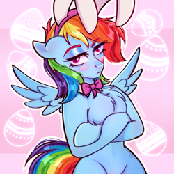 Size: 2048x2048 | Tagged: safe, artist:redjester, derpibooru import, rainbow dash, pegasus, pony, semi-anthro, g4, belly, blushing, bunny ears, chest fluff, easter, female, holiday, mare, solo, wings