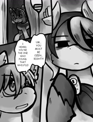 Size: 1000x1300 | Tagged: safe, artist:thesparkleadsh, derpibooru import, earth pony, pony, colt, female, filly, foal, grayscale, made in abyss, male, manga, mare, maruruk, monochrome, ozen, ponified, riko, species swap, speech bubble, text