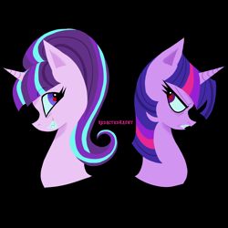 Size: 2000x2000 | Tagged: safe, artist:redactedhaunt, derpibooru import, starlight glimmer, twilight sparkle, unicorn twilight, pony, unicorn, alternate universe, black background, colored pinnae, colored pupils, duo, eyebrows, eyebrows visible through hair, female, frown, high res, horn, lesbian, lineless, looking at each other, looking at someone, ponytail, profile, red pupils, s5 starlight, sharp teeth, shipping, signature, simple background, smiling, teeth, tied mane, twistarlight, wingding eyes