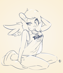 Size: 800x935 | Tagged: source needed, safe, artist:lizombie, derpibooru import, oc, anthro, pegasus, arm behind head, clothes, female, female oc, monochrome, nudity, partial nudity, pegasus oc, signature, sitting, sketch, solo, space jam, sports outfit, spread wings, wings
