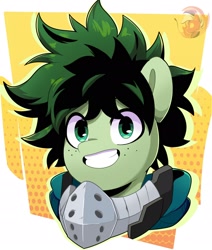 Size: 1896x2236 | Tagged: safe, artist:joaothejohn, derpibooru import, pony, anime, bust, clothes, cute, fanart, freckles, grin, izuku midoriya, looking at you, male, my hero academia, ponified, portrait, simple background, smiling, solo, species swap