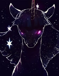 Size: 800x1024 | Tagged: safe, ai content, derpibooru import, generator:purplesmart.ai, generator:stable diffusion, machine learning generated, twilight sparkle, unicorn twilight, unicorn, g4, badass, dark, front view, generator:ponydiffusion, metal as fuck, one punch man, prompter:enterusxrname, silhouette, solo, stars, twilight snapple, xk-class end-of-the-world scenario