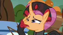 Size: 1280x720 | Tagged: safe, derpibooru import, edit, edited screencap, screencap, sable spirit, pony, unicorn, clothes, curved horn, dazed, empress sable spirit, female, hoof on cheek, horn, mare, open mouth, solo, solo female, young sable spirit