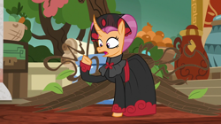 Size: 1280x719 | Tagged: safe, derpibooru import, edit, edited screencap, screencap, sable spirit, pony, unicorn, campfire tales, g4, clothes, curved horn, empress sable spirit, female, horn, mare, open mouth, raised hoof, raised leg, solo, solo female, surprised, young sable spirit