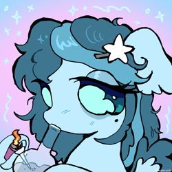 Size: 1200x1200 | Tagged: safe, artist:larvaecandy, derpibooru import, oc, oc only, pegasus, pony, beanbrows, beauty mark, big eyes, blue coat, bong, bust, clothes, colored sclera, commission, curly hair, curly mane, drug use, drugs, ear fluff, ears, eye clipping through hair, eyebrows, eyelashes, eyeshadow, female, floppy ears, gradient background, hair accessory, hairclip, hoof hold, horn, icon, jacket, lidded eyes, lighter, long mane, makeup, mare, marijuana, pegasus oc, ponysona, profile picture, shiny mane, short horn, solo, sparkles, teal mane, teal sclera, two toned mane, underhoof, unicorn horn, unnamed oc, wingding eyes, ych result