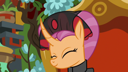 Size: 1280x720 | Tagged: safe, derpibooru import, edit, edited screencap, screencap, sable spirit, pony, unicorn, campfire tales, g4, ^^, clothes, curved horn, cute, empress sable spirit, eyes closed, female, flower, horn, mare, smiling, solo, young sable spirit