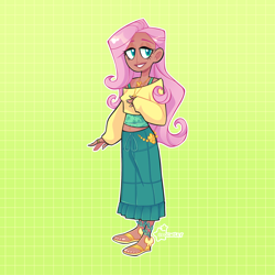 Size: 3000x3000 | Tagged: safe, artist:3ggmilky, derpibooru import, fluttershy, human, belly button, clothes, cute, dark skin, feet, female, green background, grin, humanized, midriff, nail polish, sandals, shirt, shyabetes, simple background, skirt, smiling, solo, tanktop, toenail polish