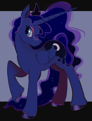 Size: 1555x2048 | Tagged: safe, artist:harvestkitty, derpibooru import, princess luna, alicorn, pony, g4, blue coat, blue eyes, border, colored eyelashes, colored hooves, colored pinnae, crown, ear fluff, ears, ethereal mane, ethereal tail, eyeshadow, female, folded wings, frown, horn, jewelry, lidded eyes, long horn, long legs, makeup, mare, missing accessory, profile, purple background, raised hoof, raised leg, regalia, shiny hooves, simple background, small wings, solo, standing, starry eyes, starry mane, starry tail, tail, teal eyes, tiara, two toned mane, two toned tail, unicorn horn, unshorn fetlocks, wavy mane, wavy tail, wingding eyes, wings