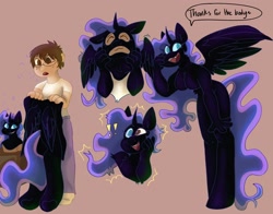 Size: 2048x1609 | Tagged: safe, artist:aero_moon, derpibooru import, nightmare moon, alicorn, anthro, human, unguligrade anthro, breasts, commission, eye color change, featureless breasts, human to anthro, living clothes, living suit, male to female, mask, masking, open mouth, open smile, ponysuit, possession, simple background, smiling, species swap, speech bubble, transformation, transgender transformation, ych result