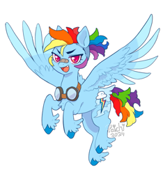 Size: 735x784 | Tagged: safe, artist:paichitaron, derpibooru import, part of a set, rainbow dash, pegasus, pony, g4, alternate design, alternate hairstyle, alternate tailstyle, bandaid, bandaid on nose, chest fluff, colored hooves, colored pinnae, ears, fangs, female, fetlock tuft, floppy ears, flying, goggles, goggles around neck, mare, narrowed eyes, open mouth, open smile, redesign, signature, simple background, smiling, solo, sparkly eyes, spread wings, tail, transparent background, unshorn fetlocks, wingding eyes, wings