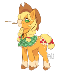 Size: 750x824 | Tagged: safe, artist:paichitaron, derpibooru import, part of a set, applejack, earth pony, pony, g4, alternate hairstyle, applejack's hat, braid, braided pigtails, clothes, coat markings, colored hooves, colored muzzle, colored pinnae, cowboy hat, ears, eye clipping through hair, facial markings, female, floppy ears, freckles, hat, looking at you, mare, mealy mouth (coat marking), pigtails, profile, redesign, shawl, signature, simple background, smiling, smiling at you, socks (coat marking), solo, sparkly eyes, straw in mouth, tail, tied mane, tied tail, transparent background, unshorn fetlocks, wingding eyes