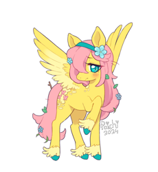 Size: 676x734 | Tagged: safe, artist:paichitaron, derpibooru import, part of a set, fluttershy, pegasus, pony, g4, blushing, coat markings, colored pinnae, colored wings, cute, ears, eye clipping through hair, eyebrows, eyebrows visible through hair, female, fetlock tuft, floppy ears, flower, flower in hair, flower in tail, frown, hair over one eye, hairband, headband, leaves in mane, leaves in tail, long legs, long mane, long tail, mare, profile, raised hoof, raised leg, redesign, shy, signature, simple background, socks (coat marking), solo, sparkly eyes, spread wings, stick in tail, tail, thin legs, transparent background, two toned wings, unshorn fetlocks, weapons-grade cute, wingding eyes, wings