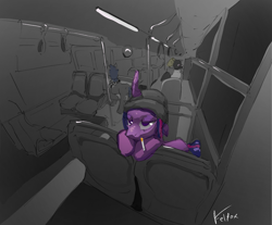 Size: 1536x1270 | Tagged: safe, artist:felfox, derpibooru import, twilight sparkle, oc, pony, unicorn, beanie, bus, cigarette, hat, horn