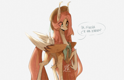 Size: 2048x1330 | Tagged: safe, artist:iheyyasyfox, derpibooru import, angel bunny, fluttershy, pegasus, pony, rabbit, angel riding fluttershy, animal, concave belly, dialogue, duo, duo male and female, female, hat, large wings, male, mare, raised hoof, raised leg, simple background, slender, spanish, speech bubble, sun hat, thin, three quarter view, white background, wings