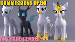 Size: 1920x1080 | Tagged: safe, artist:argos90, derpibooru import, changeling, griffon, kirin, pony, 3d, 3d model, commission, your character here